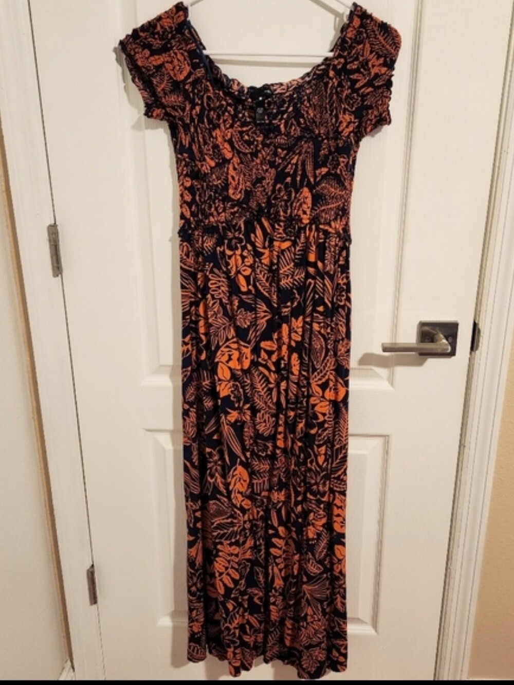 Navy Blue Maxi Dress with Orange Leaf Print